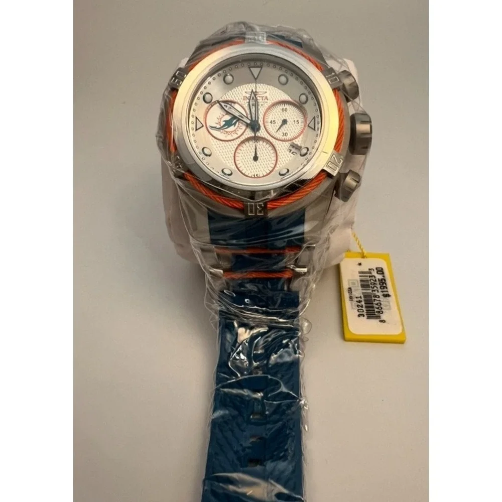 #W039 Invicta NFL Miami Dolphins 30241 Swiss Chronograph 52mm Men's Watch New